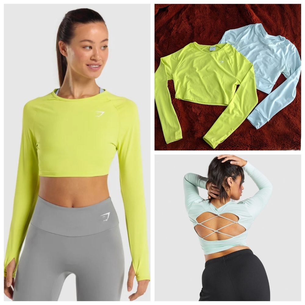 Bundle: Two Gymshark Long Sleeve Crop Tops in Neon Yellow & Mint Green, Small